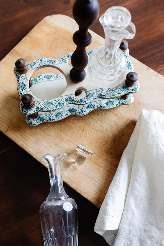 antique french transferware and turned wood oil and vinegar set