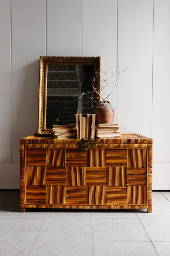 midcentury parquet pencil reed trunk with brass hardware