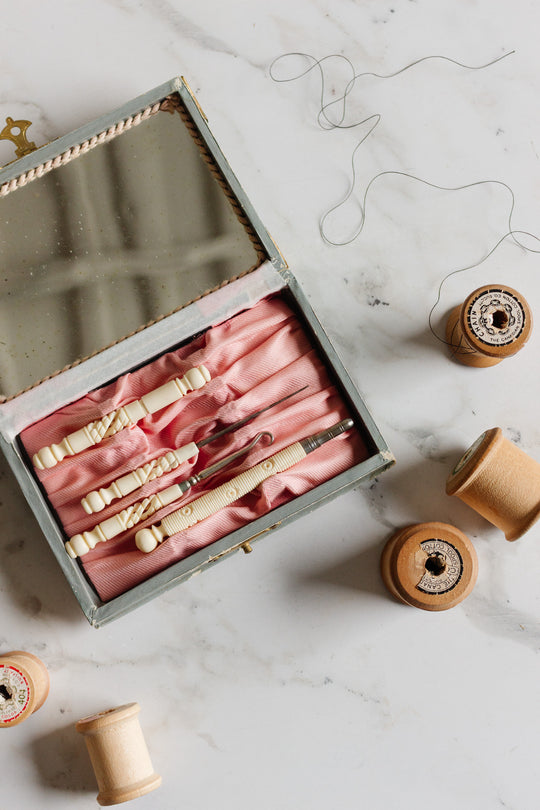 antique french ivory sewing kit in mirrored box
