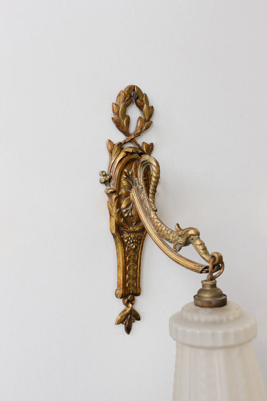 pair of art deco french brass wall sconces with glass shades