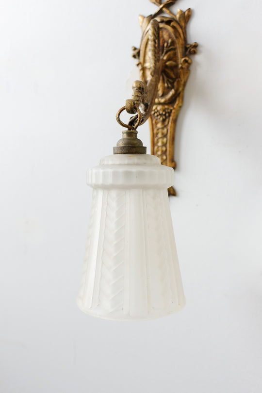 pair of art deco french brass wall sconces with glass shades