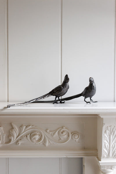 vintage french pair of large nickel-plated brass pheasants