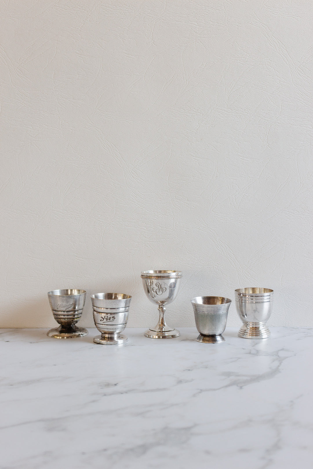 eclectic set of 5 antique french silverplate egg cups