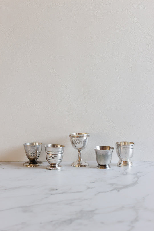 eclectic set of 5 antique french silverplate egg cups