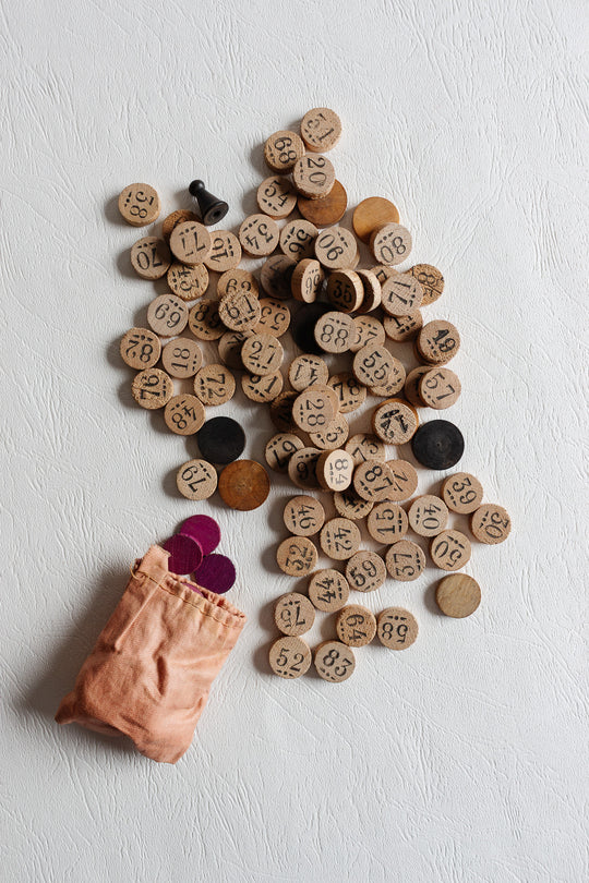 antique french loto game wood token set