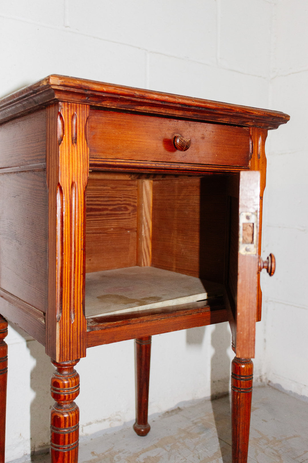 antique french marble top side table with turned wood legs