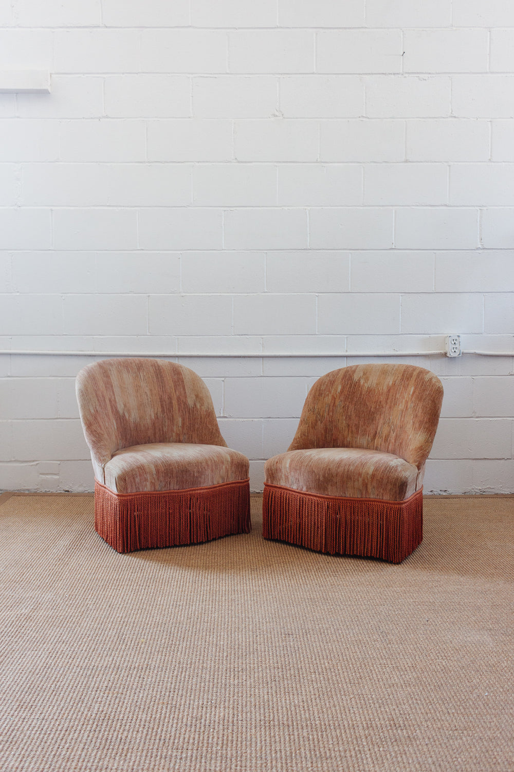 antique French velvet blush crapaud chair with fringe