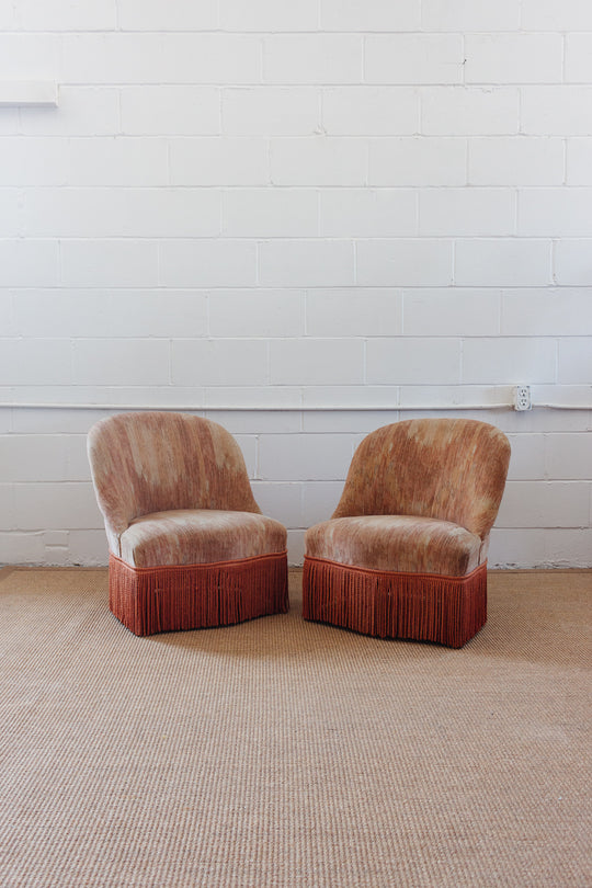 antique French velvet blush crapaud chair with fringe
