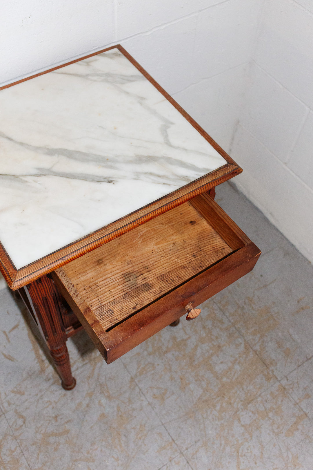 antique french marble top side table with turned wood legs