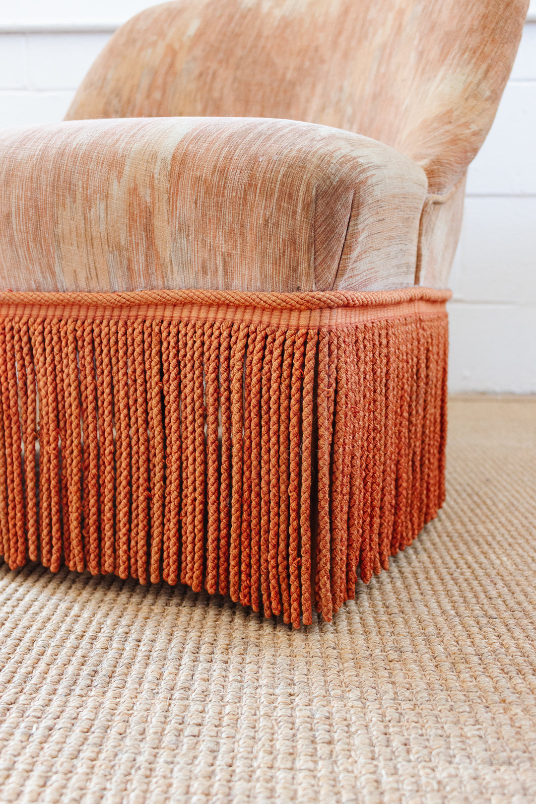 antique French velvet blush crapaud chair with fringe