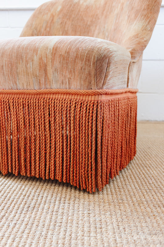 antique French velvet blush crapaud chair with fringe