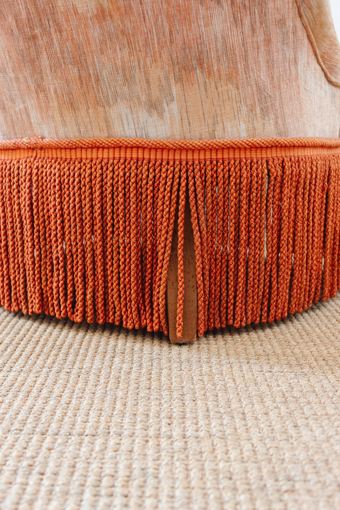 antique French velvet blush crapaud chair with fringe