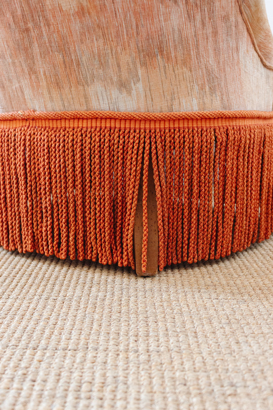 antique French velvet blush crapaud chair with fringe