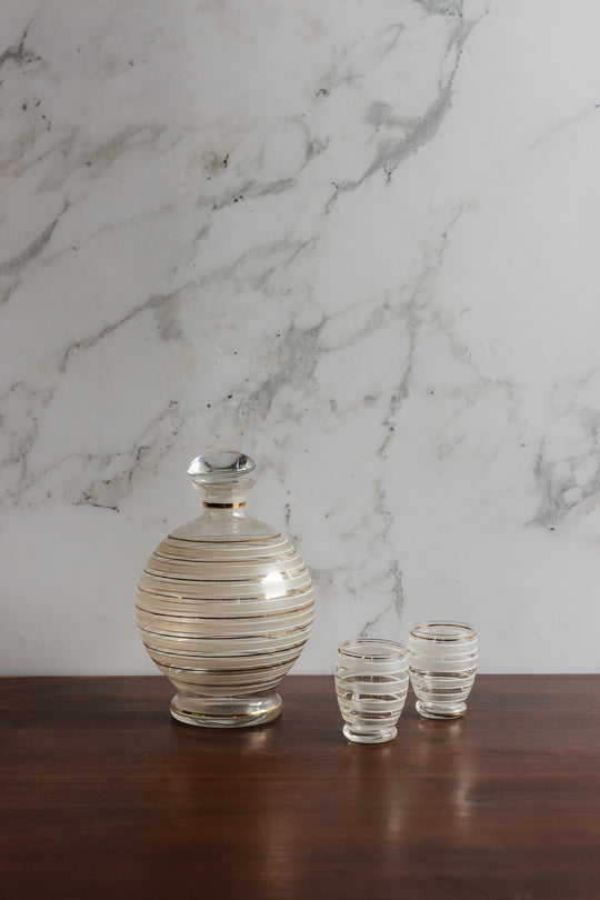 midcentury french gold striped decanter set
