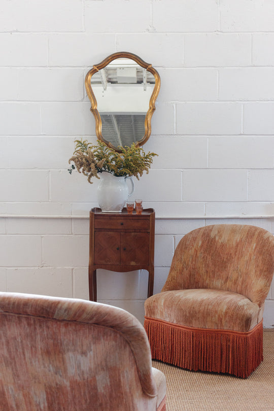antique French velvet blush crapaud chair with fringe