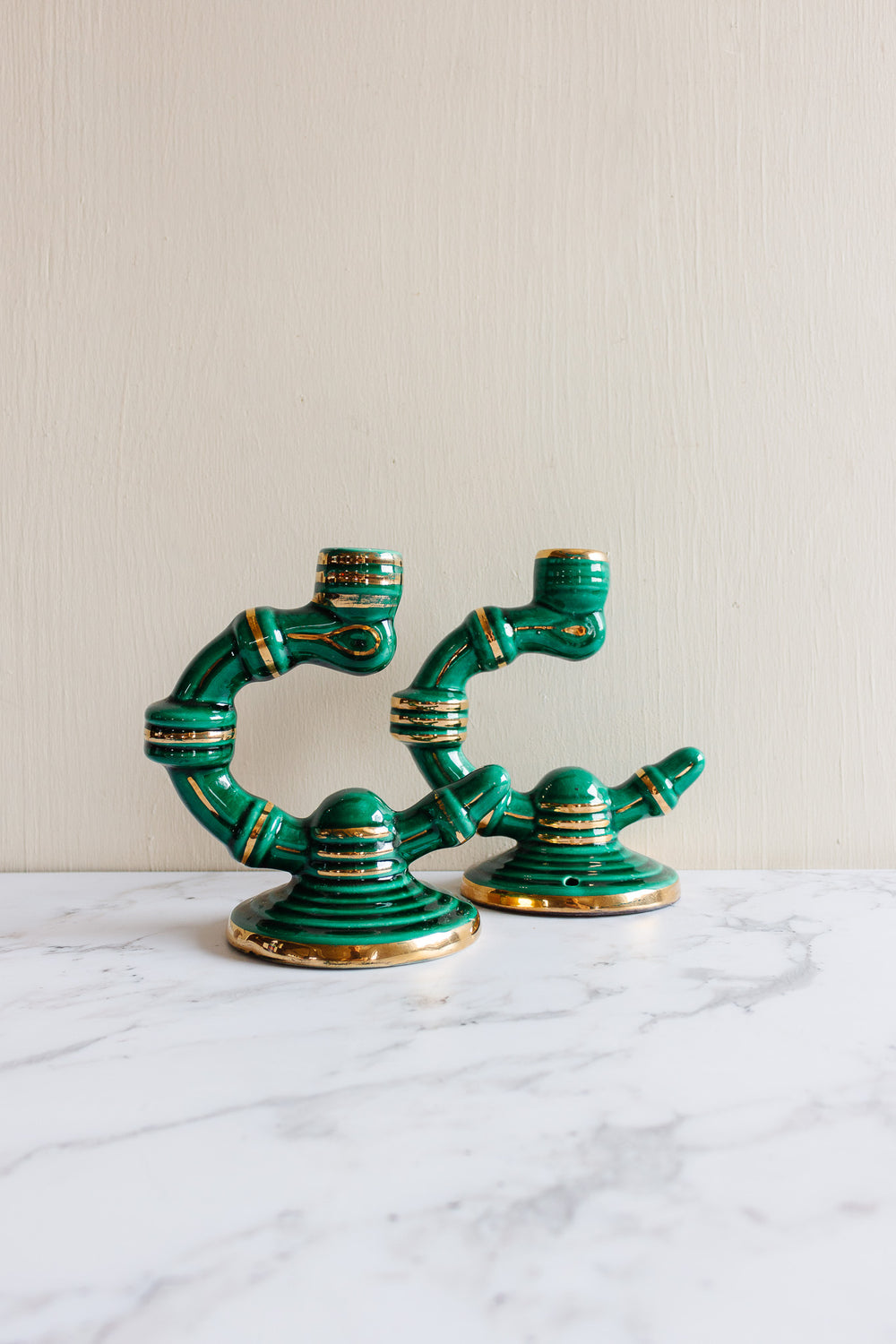 1950s French Vallauris pottery majolica candlestick pair