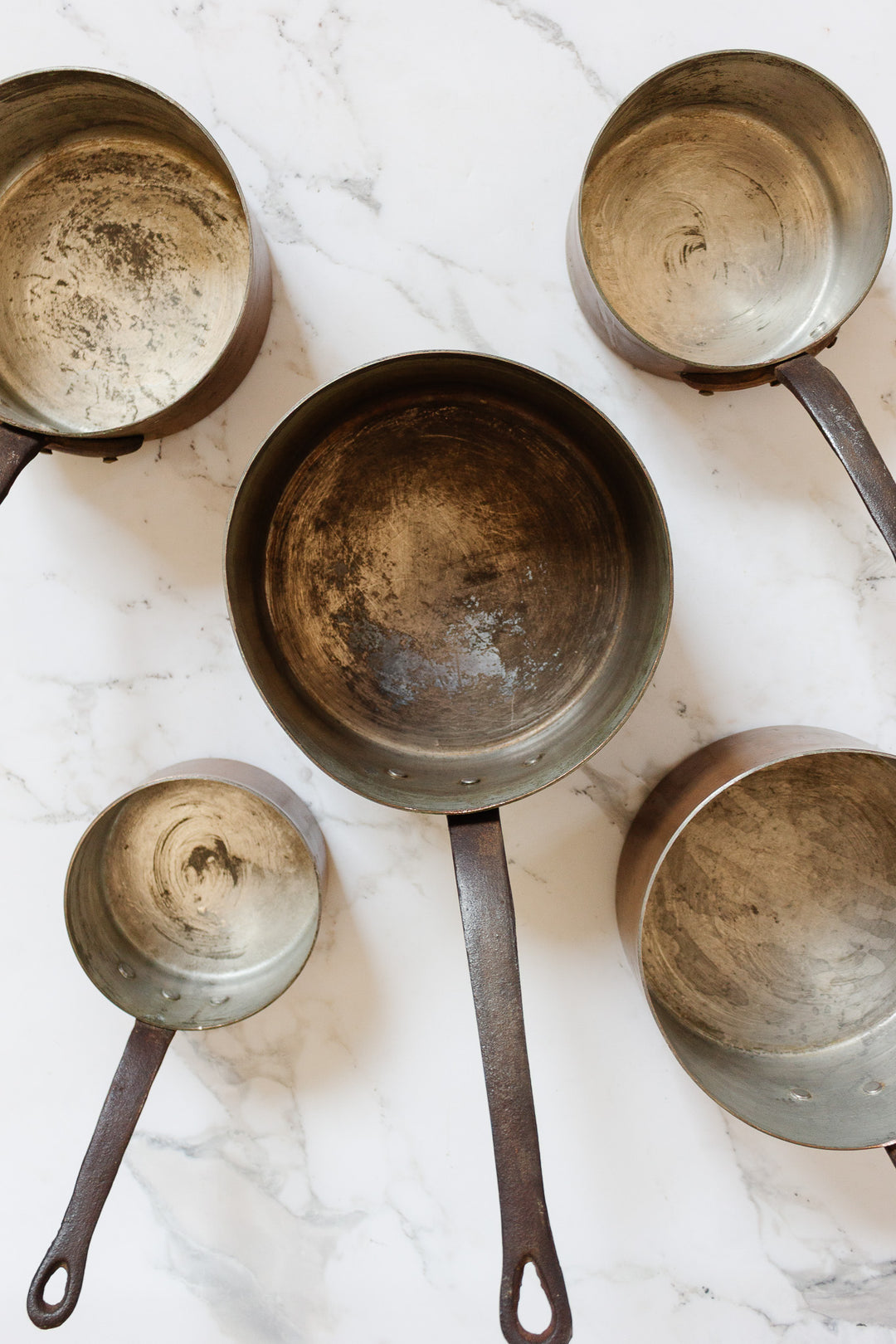 set of 5 antique french copper and cast iron pots