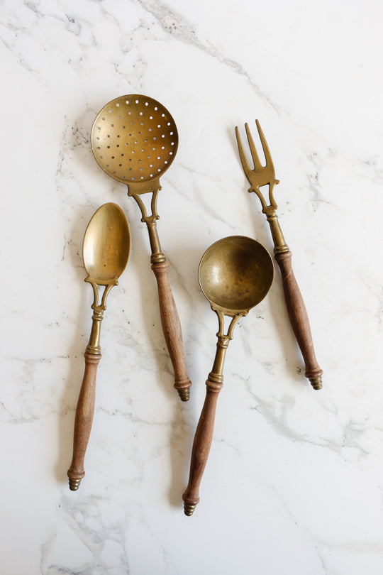 antique french set of wood and brass serving set