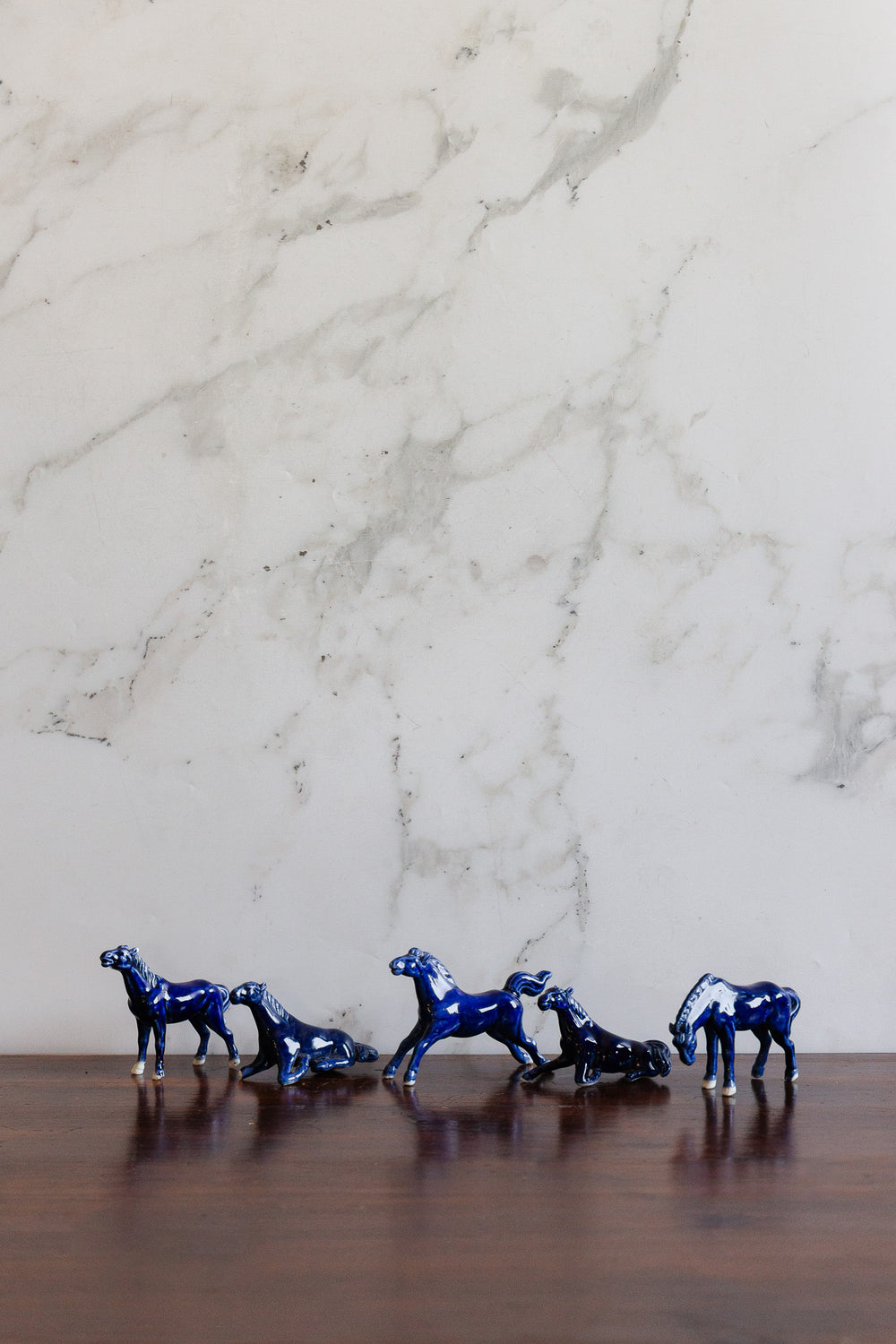 set of 5 vintage french cobalt blue porcelain horses