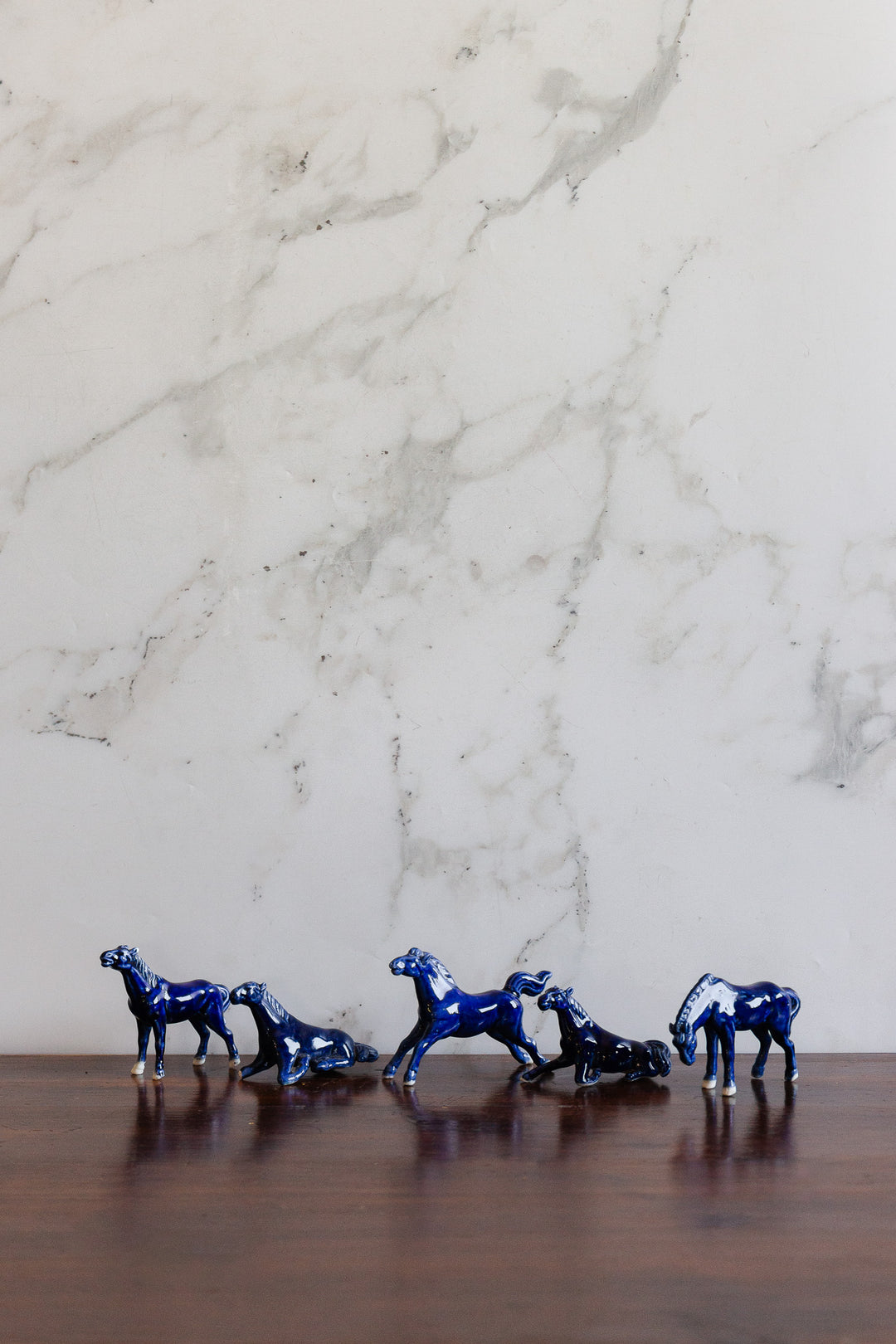 set of 5 vintage french cobalt blue porcelain horses