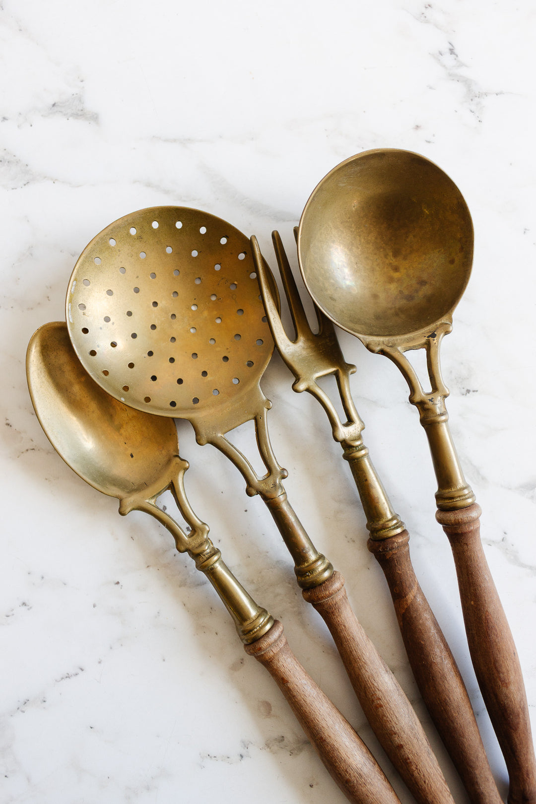 antique french set of wood and brass serving set