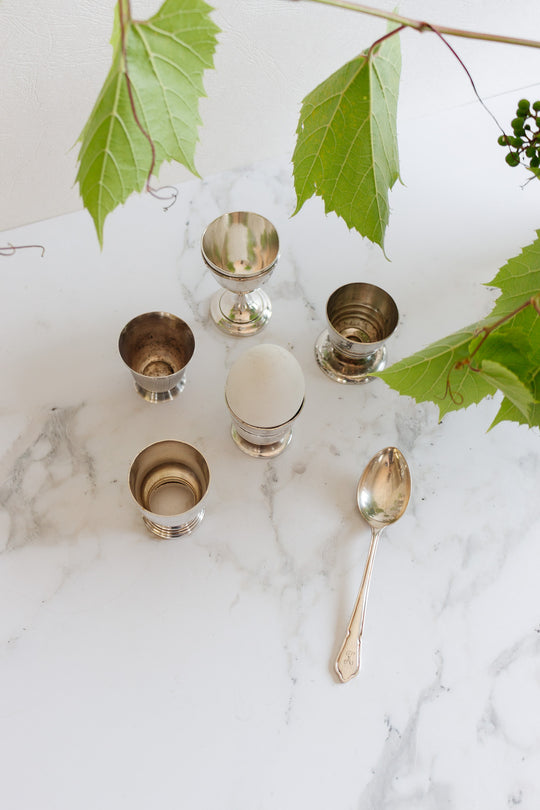 eclectic set of 5 antique french silverplate egg cups
