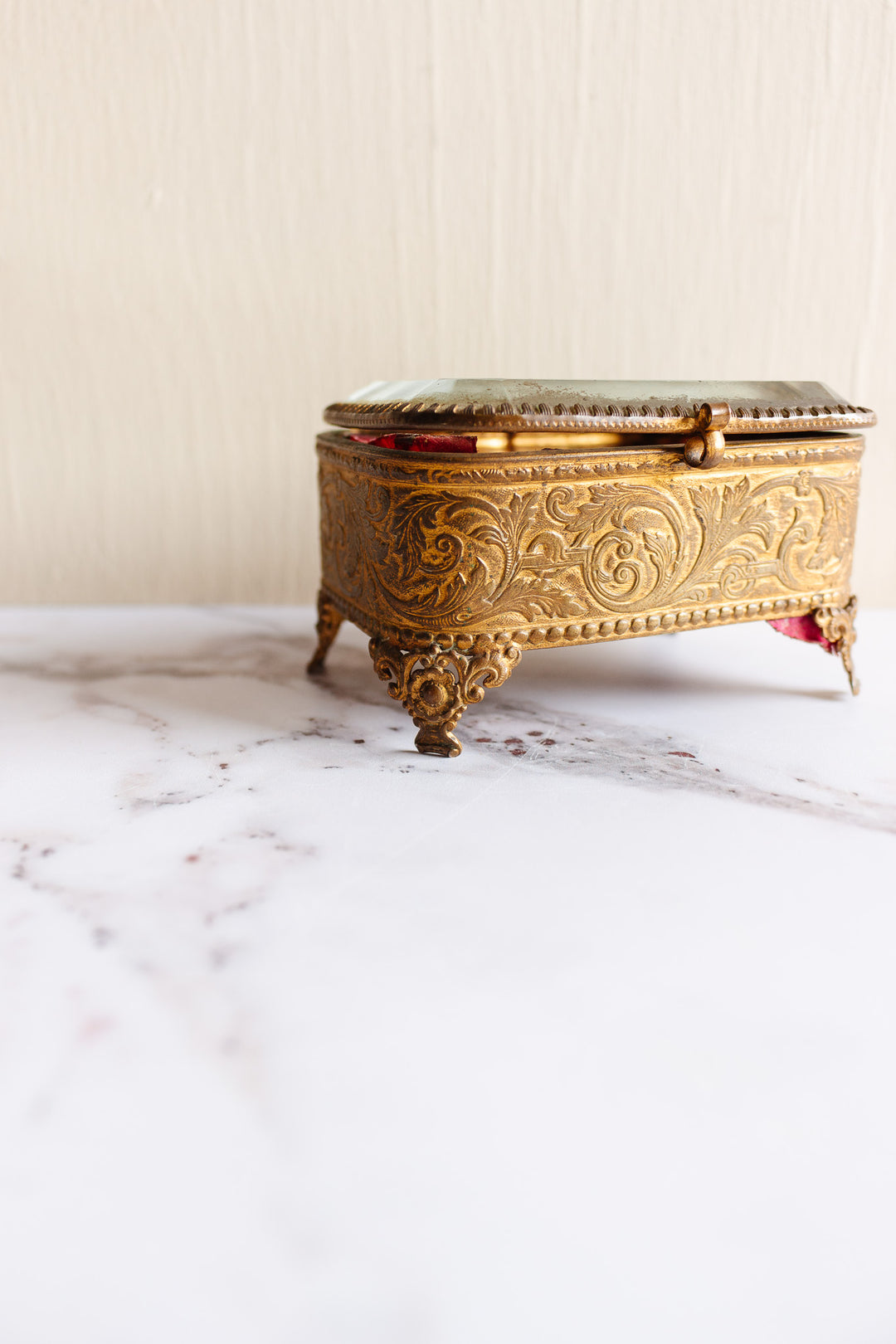 antique french brass and etched beveled glass bijoux casket