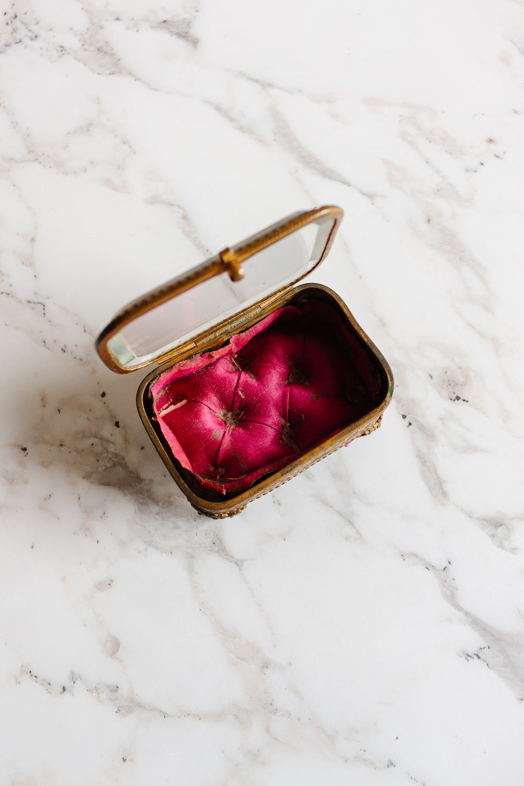 antique french brass and etched beveled glass bijoux casket