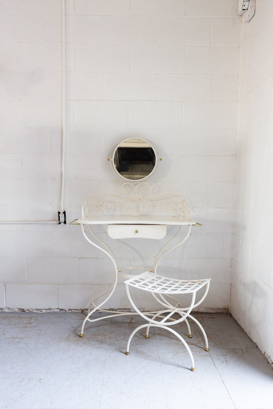 1960s French enamelled wrought iron dressing table and stool