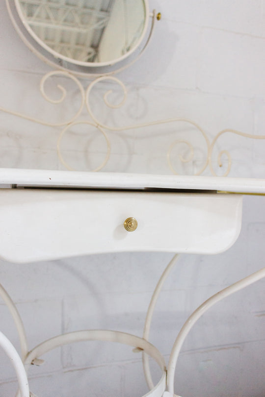 1960s French enamelled wrought iron dressing table and stool