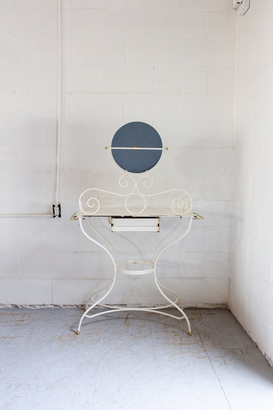 1960s French enamelled wrought iron dressing table and stool