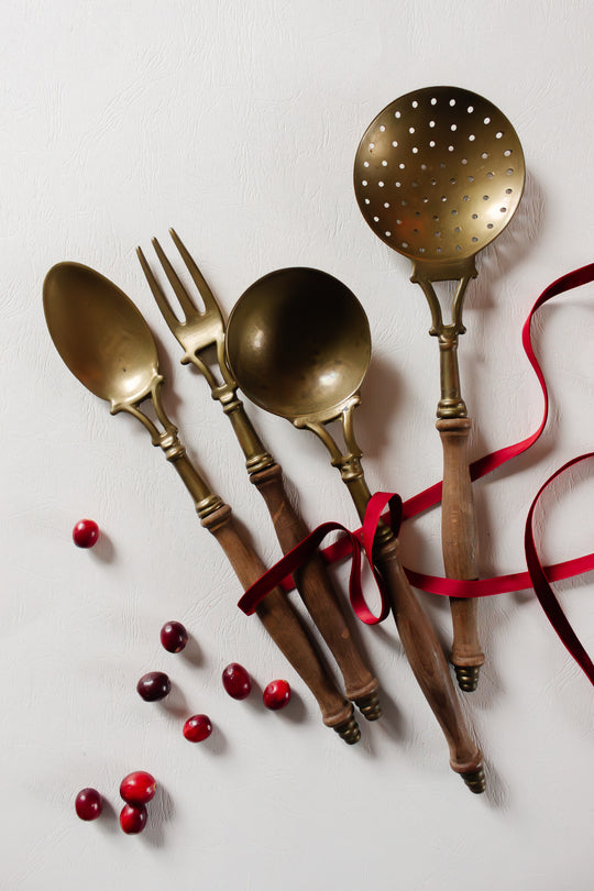 antique french set of wood and brass serving set