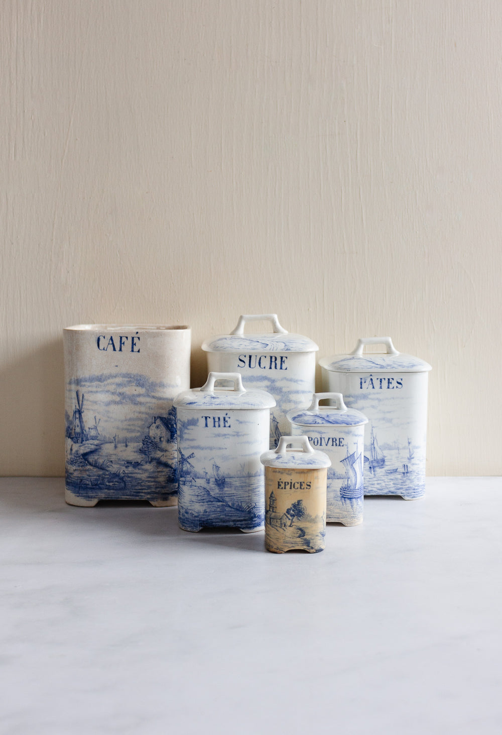 rare 19th century French Onnaing ironstone canisters, “Delft” pattern
