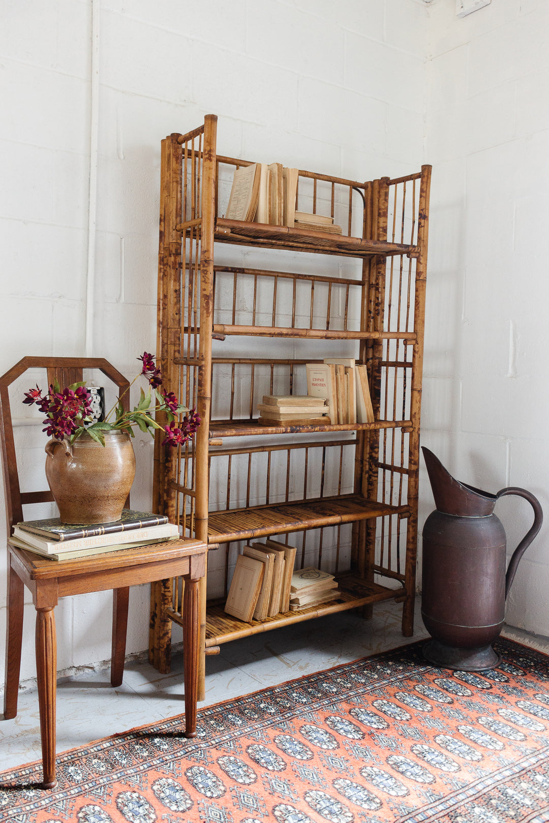 antique french burnt bamboo folding bookshelf