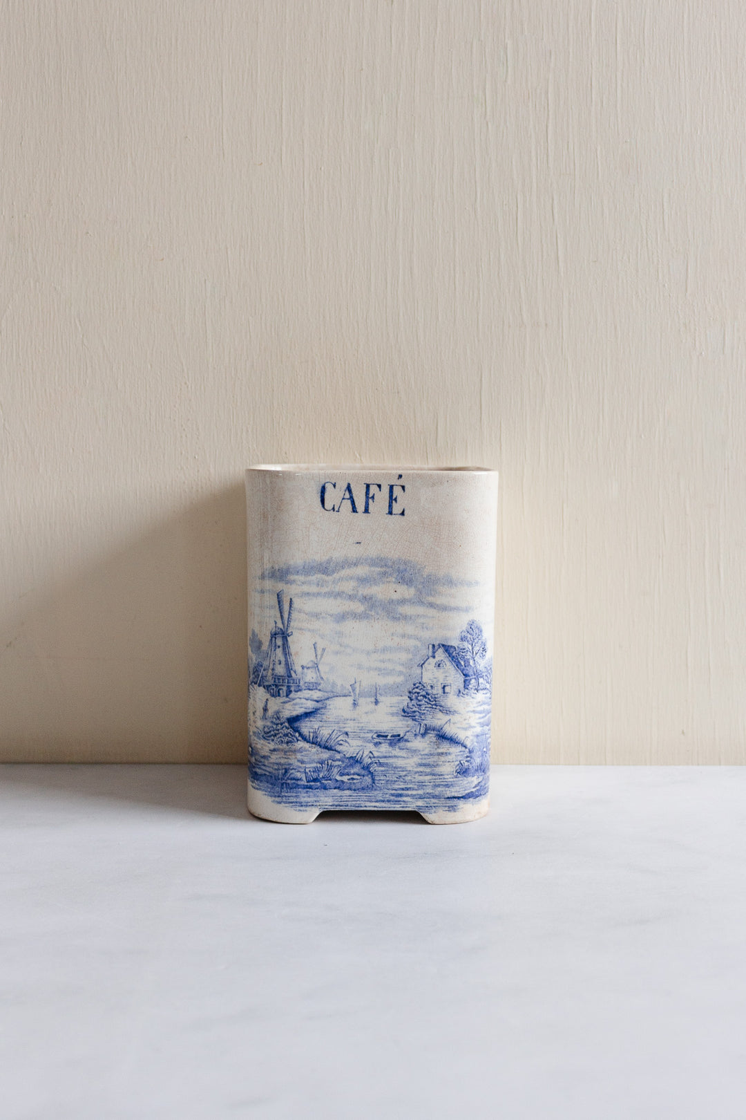 rare 19th century French Onnaing ironstone canisters, “Delft” pattern