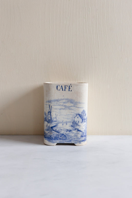 rare 19th century French Onnaing ironstone canisters, “Delft” pattern