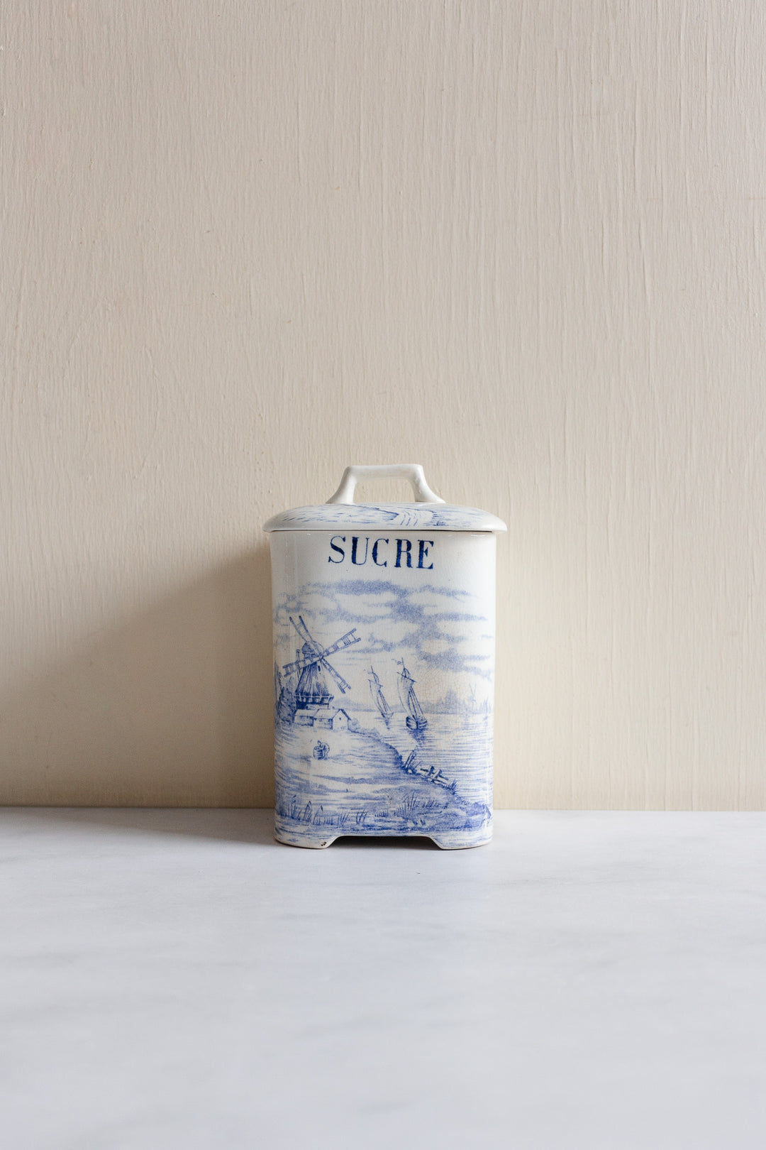 rare 19th century French Onnaing ironstone canisters, “Delft” pattern