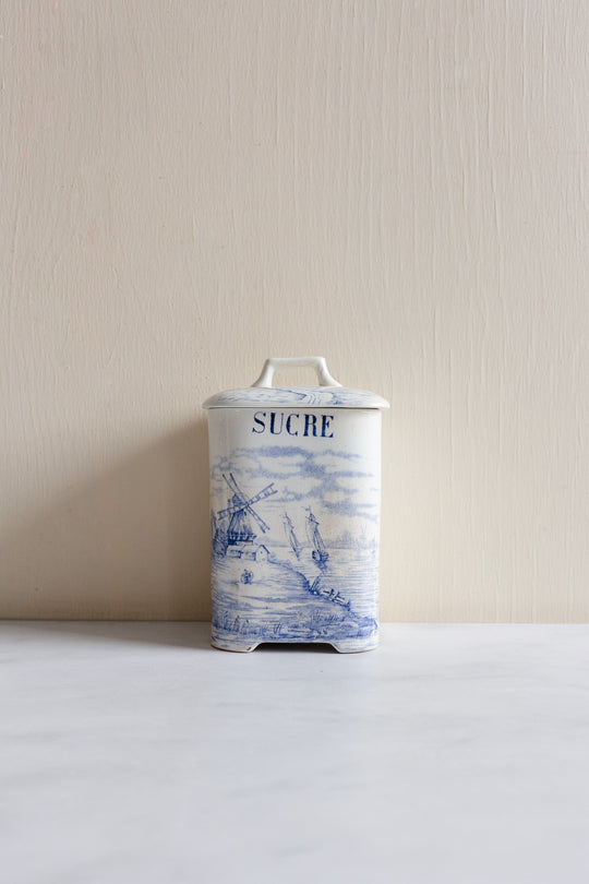 rare 19th century French Onnaing ironstone canisters, “Delft” pattern