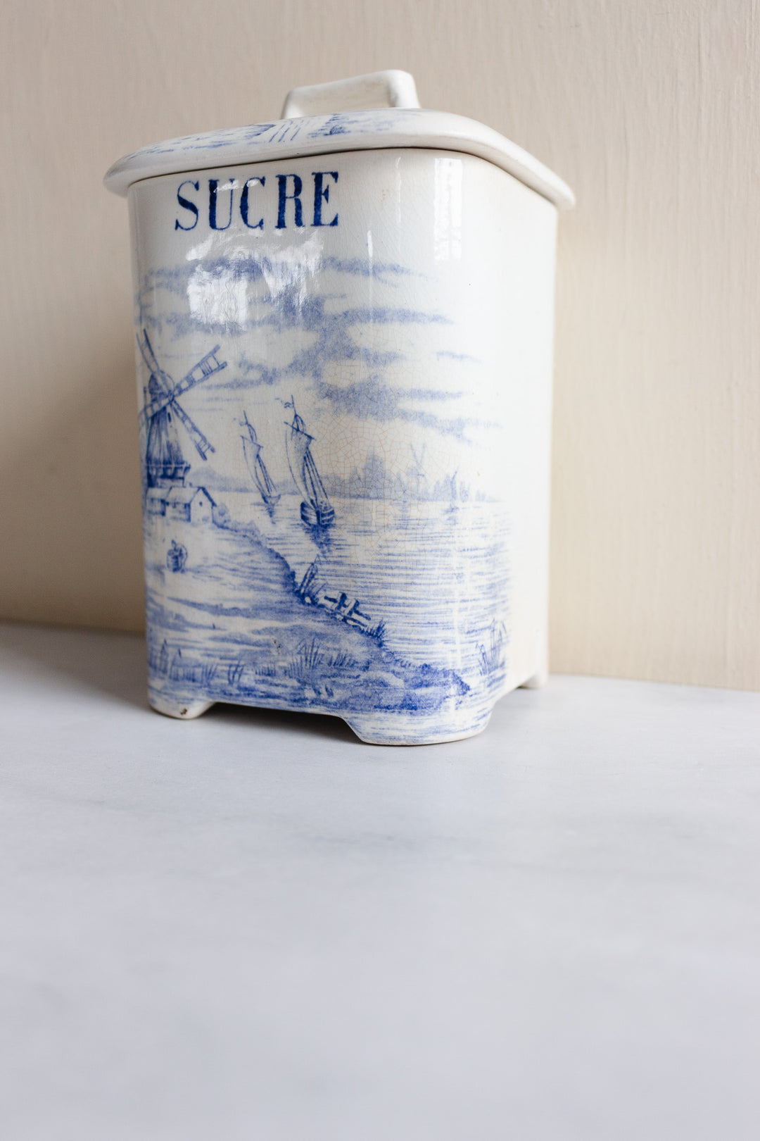rare 19th century French Onnaing ironstone canisters, “Delft” pattern