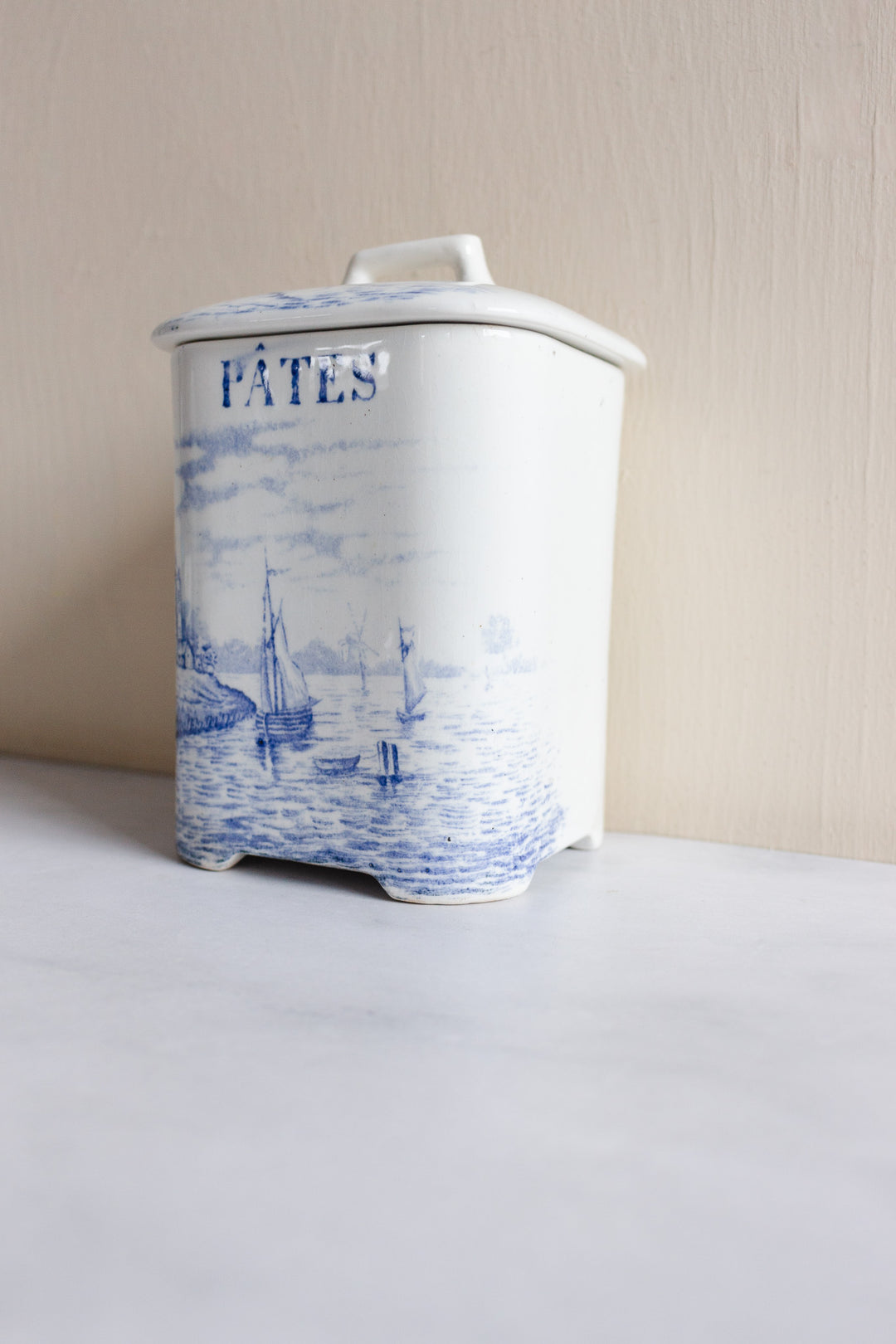 rare 19th century French Onnaing ironstone canisters, “Delft” pattern