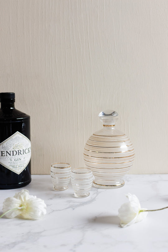midcentury french gold striped decanter set