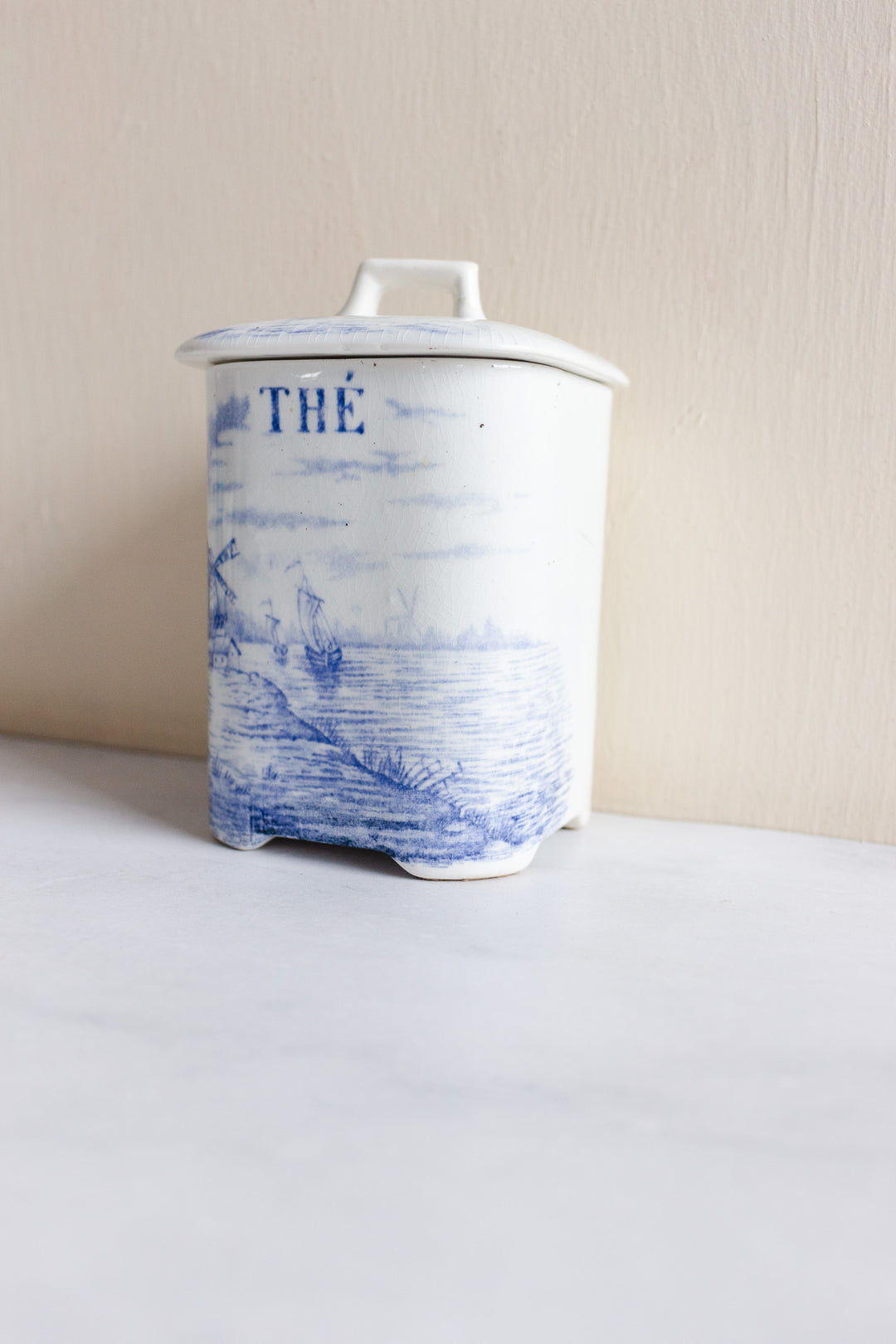 rare 19th century French Onnaing ironstone canisters, “Delft” pattern