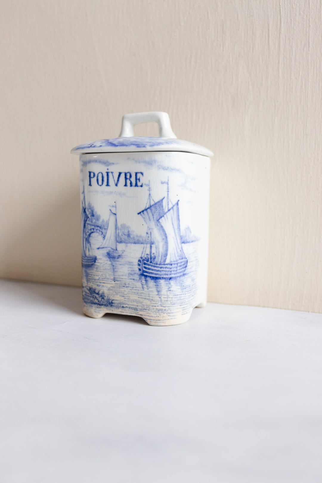 rare 19th century French Onnaing ironstone canisters, “Delft” pattern