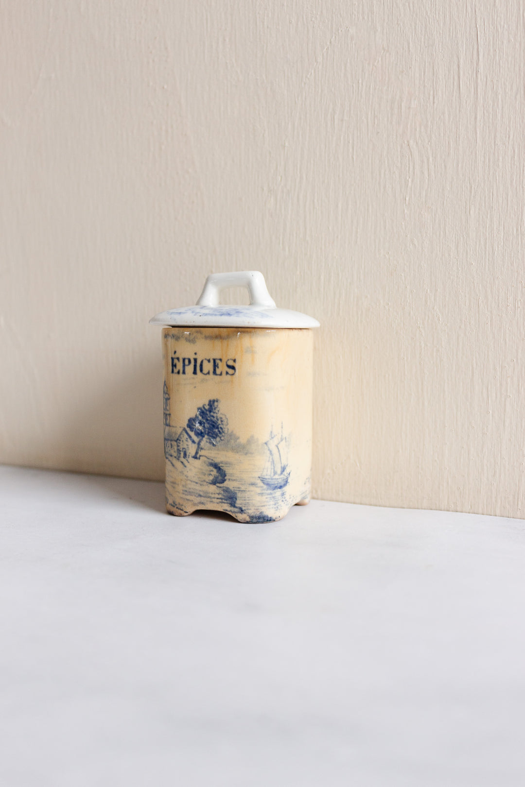 rare 19th century French Onnaing ironstone canisters, “Delft” pattern