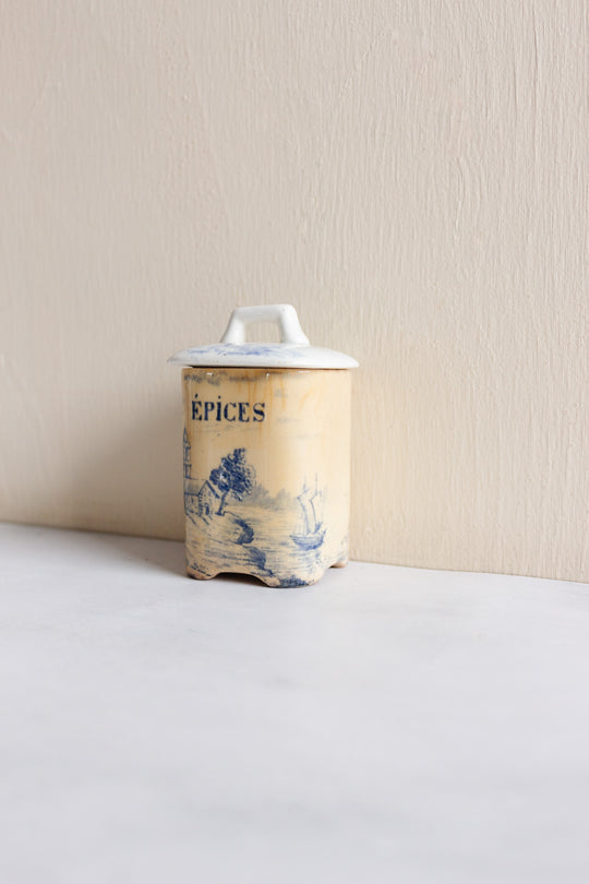 rare 19th century French Onnaing ironstone canisters, “Delft” pattern