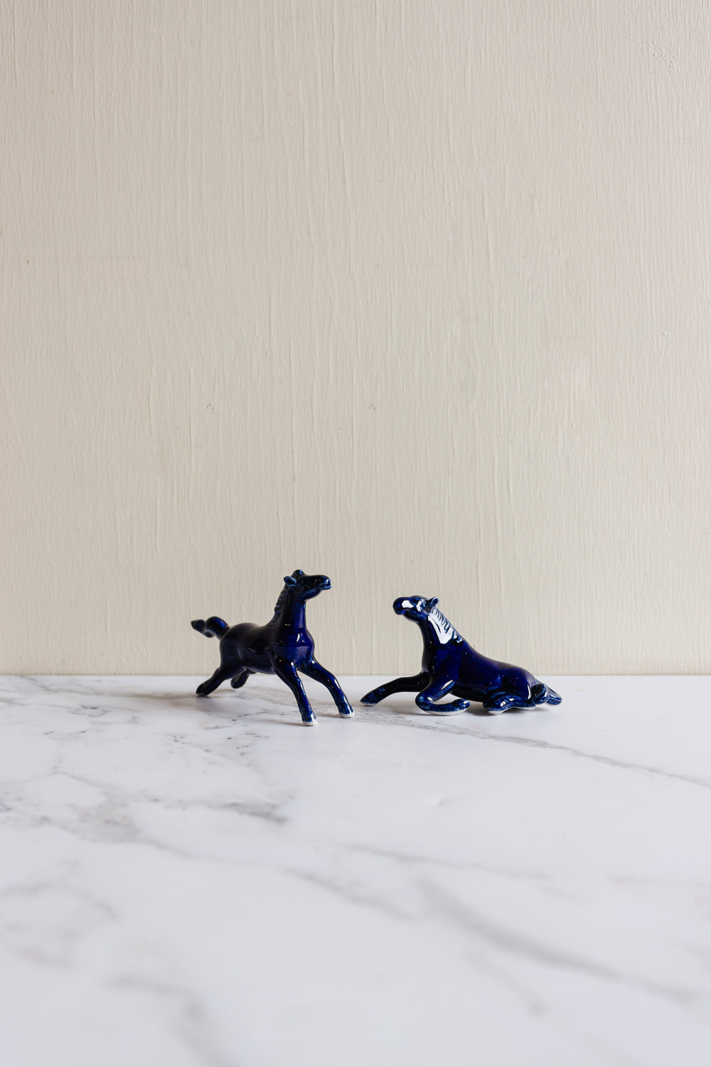 vintage french cobalt blue porcelain horses, set of 2