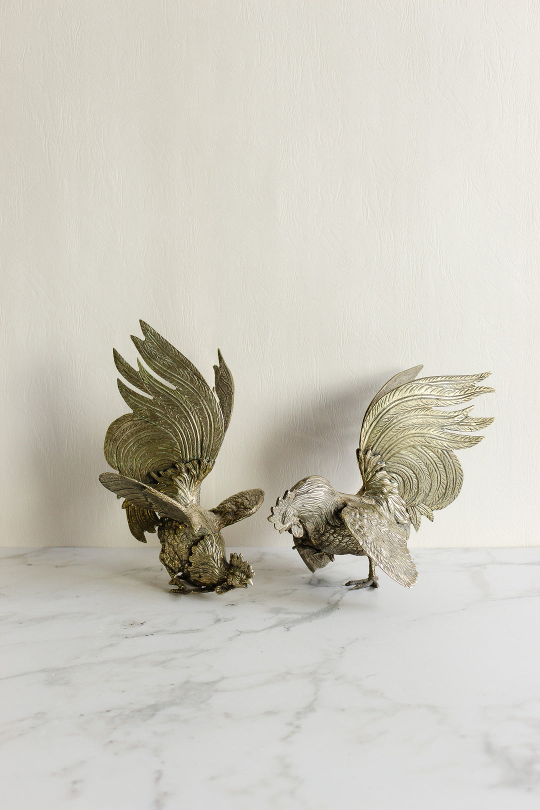 antique french metal fighting rooster pair