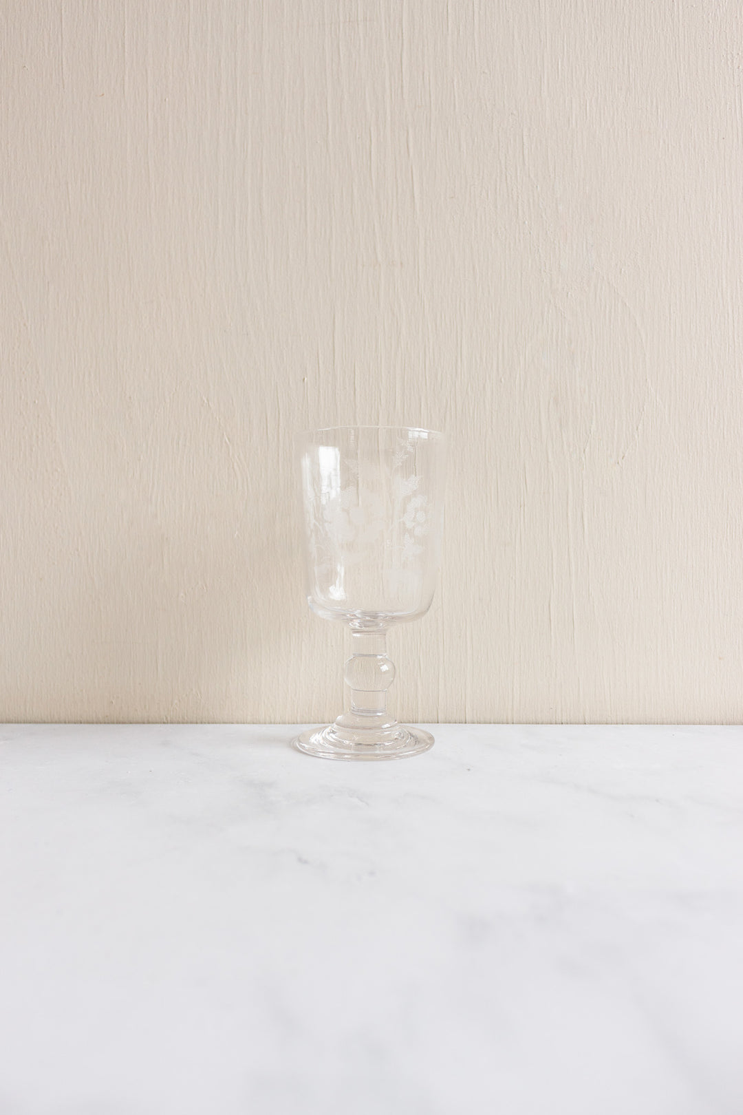 pair of antique French hand blown etched wine goblets