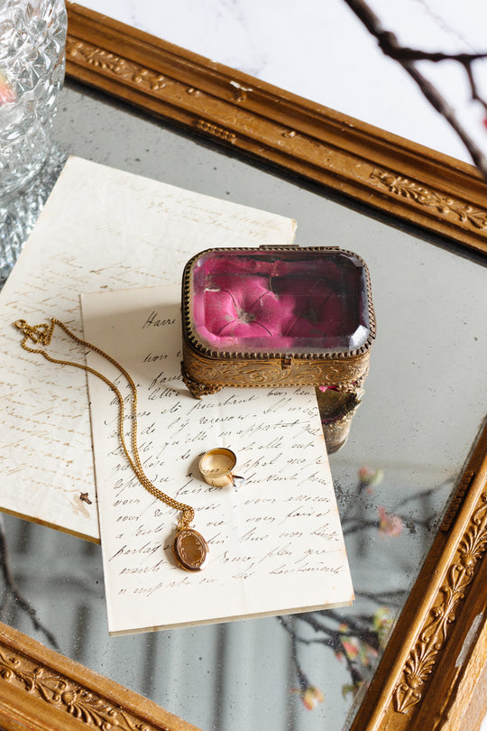 antique french brass and etched beveled glass bijoux casket