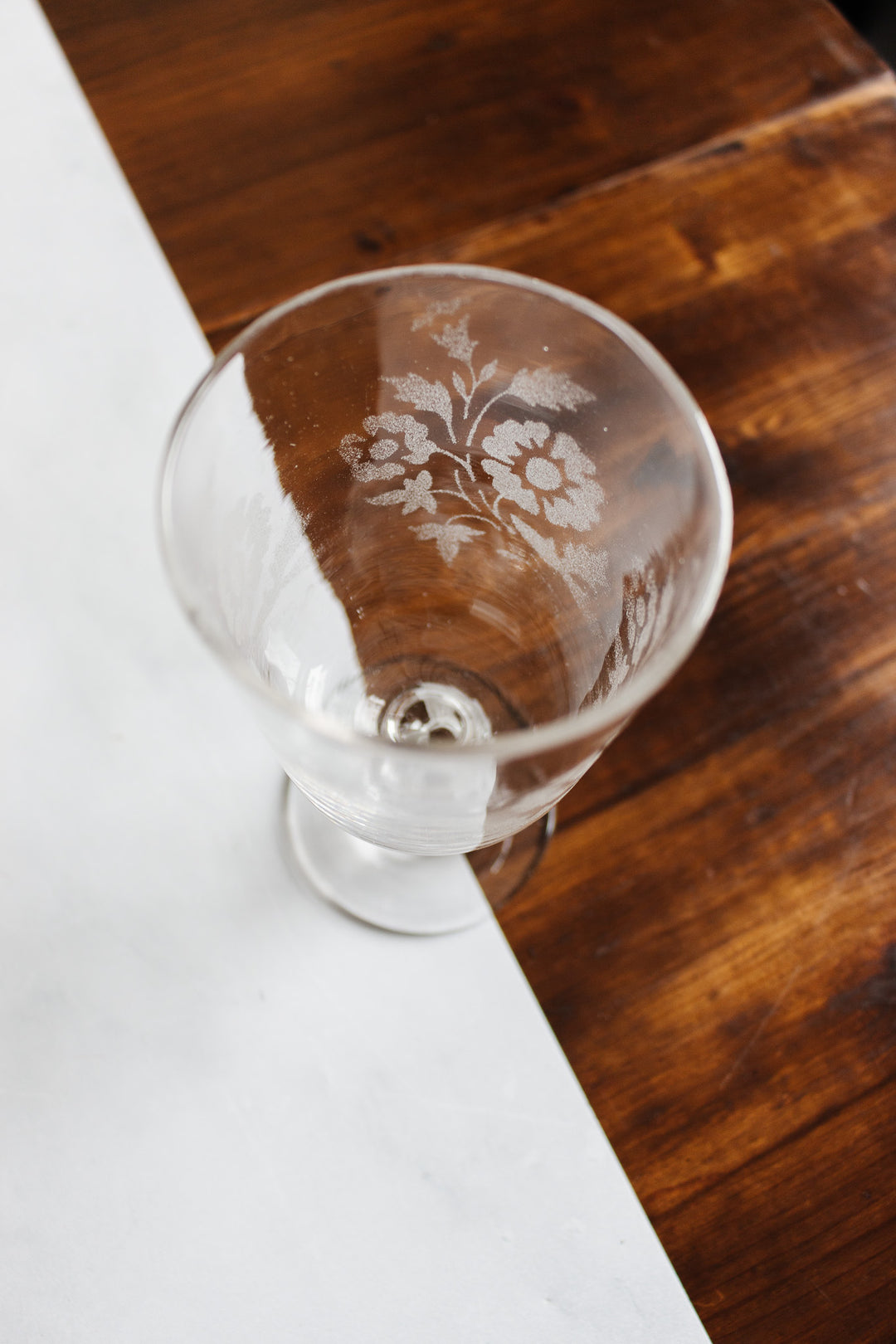 pair of antique French hand blown etched wine goblets